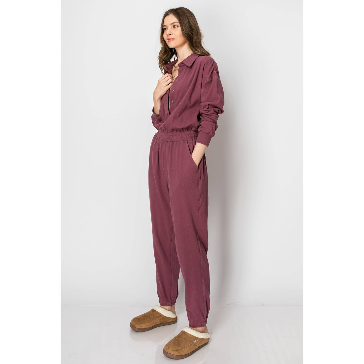 Long Sleeve Cotton Ribbed Collared JUMPSUIT