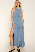 Sleeveless Racerback Back Zipper Front Slit Knit Maxi Dress: ROMANTIC TAUPE / L