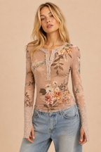 Floral Print Long Sleeve Mesh Henley Top
