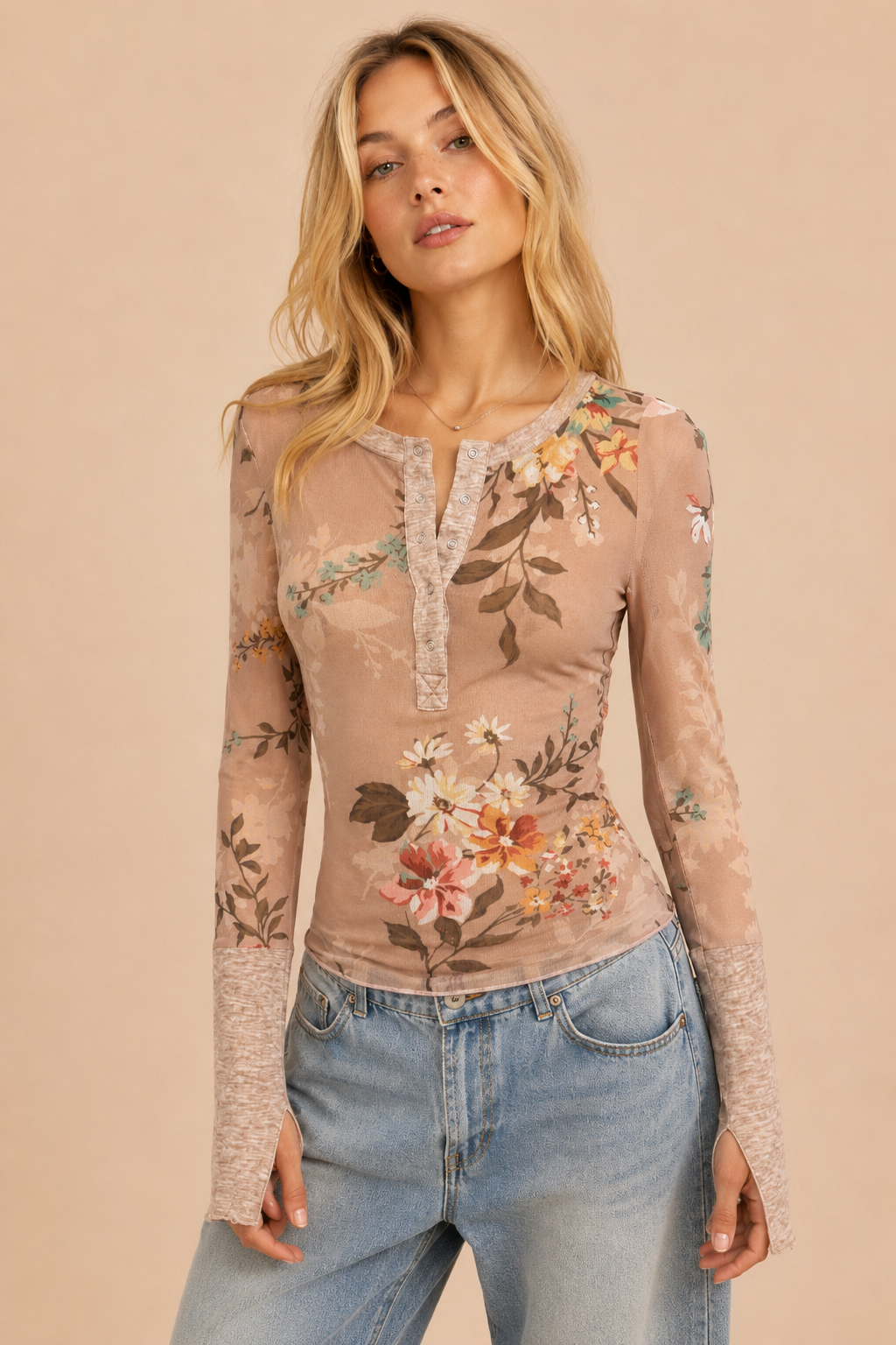 Multi Print Long Sleeve Mesh Henley Top: TAUPE FLORAL / S