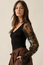 Floral and Ribbed Pointelle-Knit Lace Bubble-Sleeve Bodysuit: Deep Brown / M