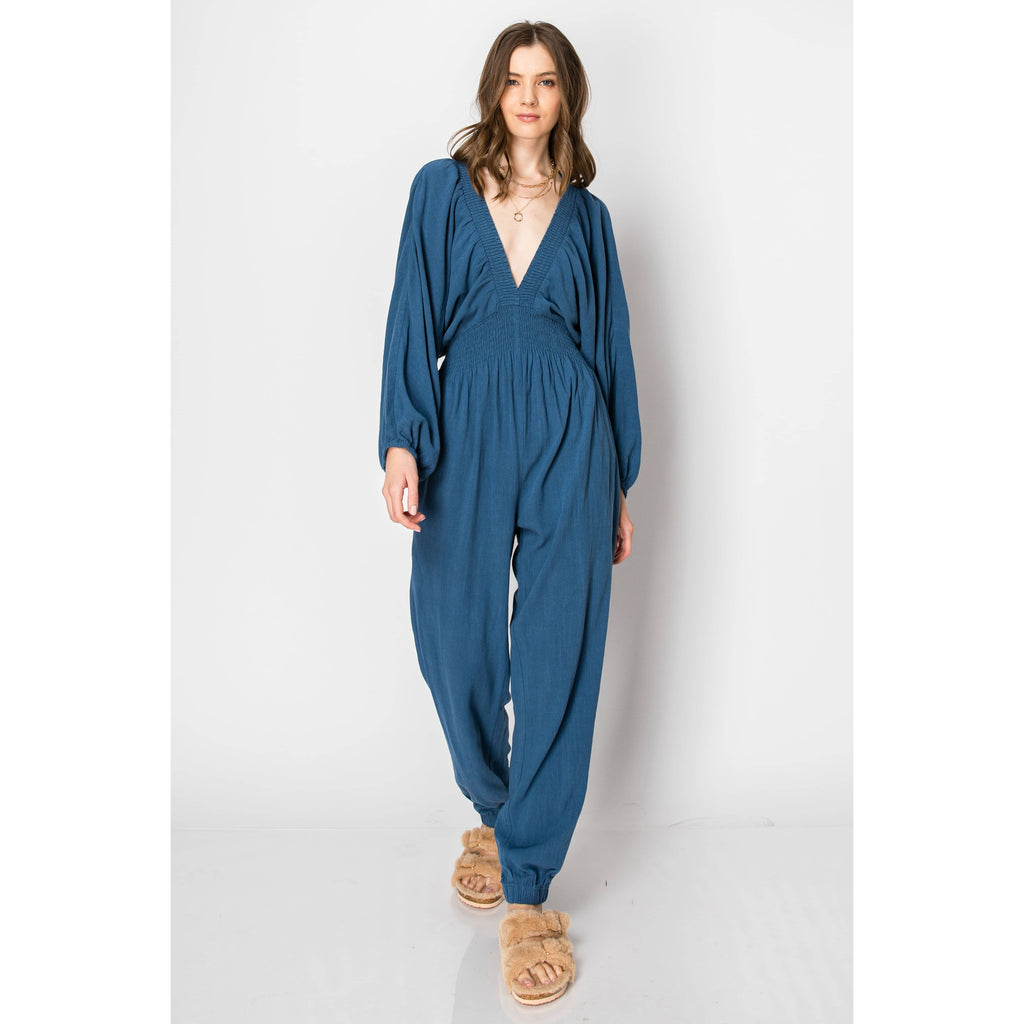 Dolman Sleeve Deep V-neck JUMPSUIT with Pockets: SLATE BLUE / XL
