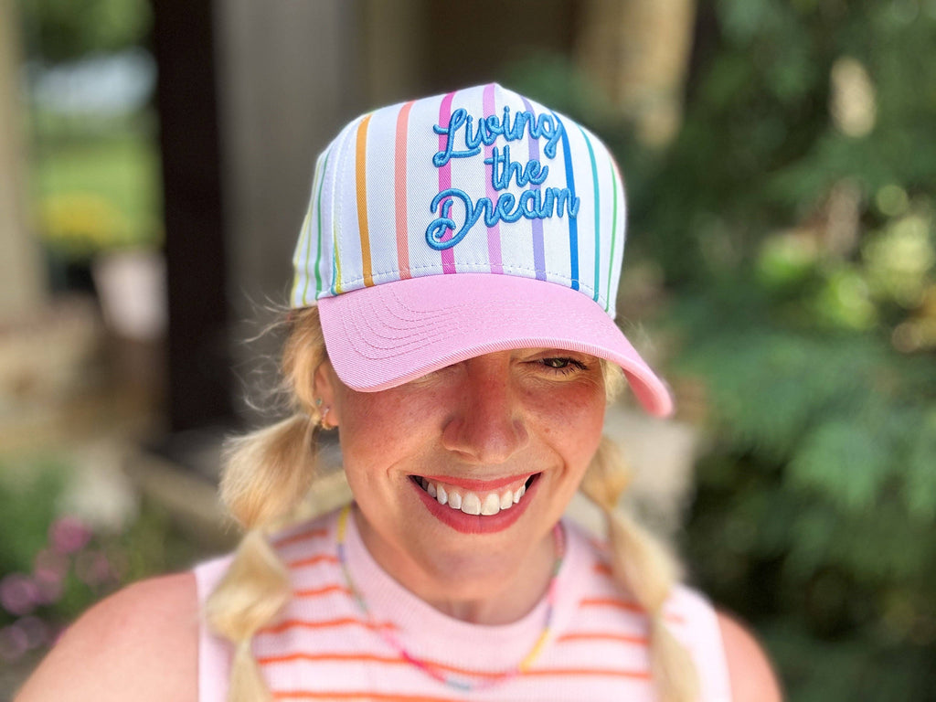 Embroidered Baseball Cap -"Living the Dream"-Colorful + Pink