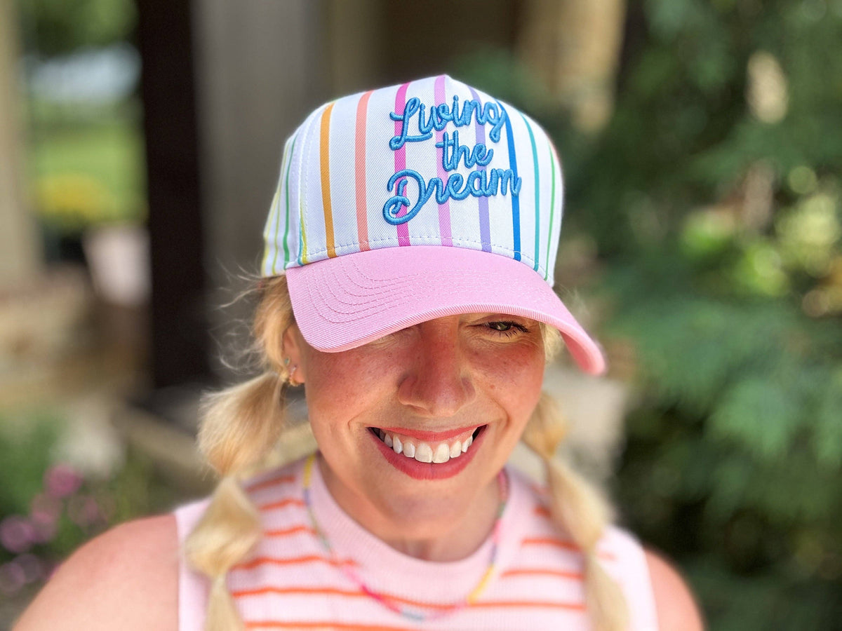 Embroidered Baseball Cap -"Living the Dream"-Colorful + Pink