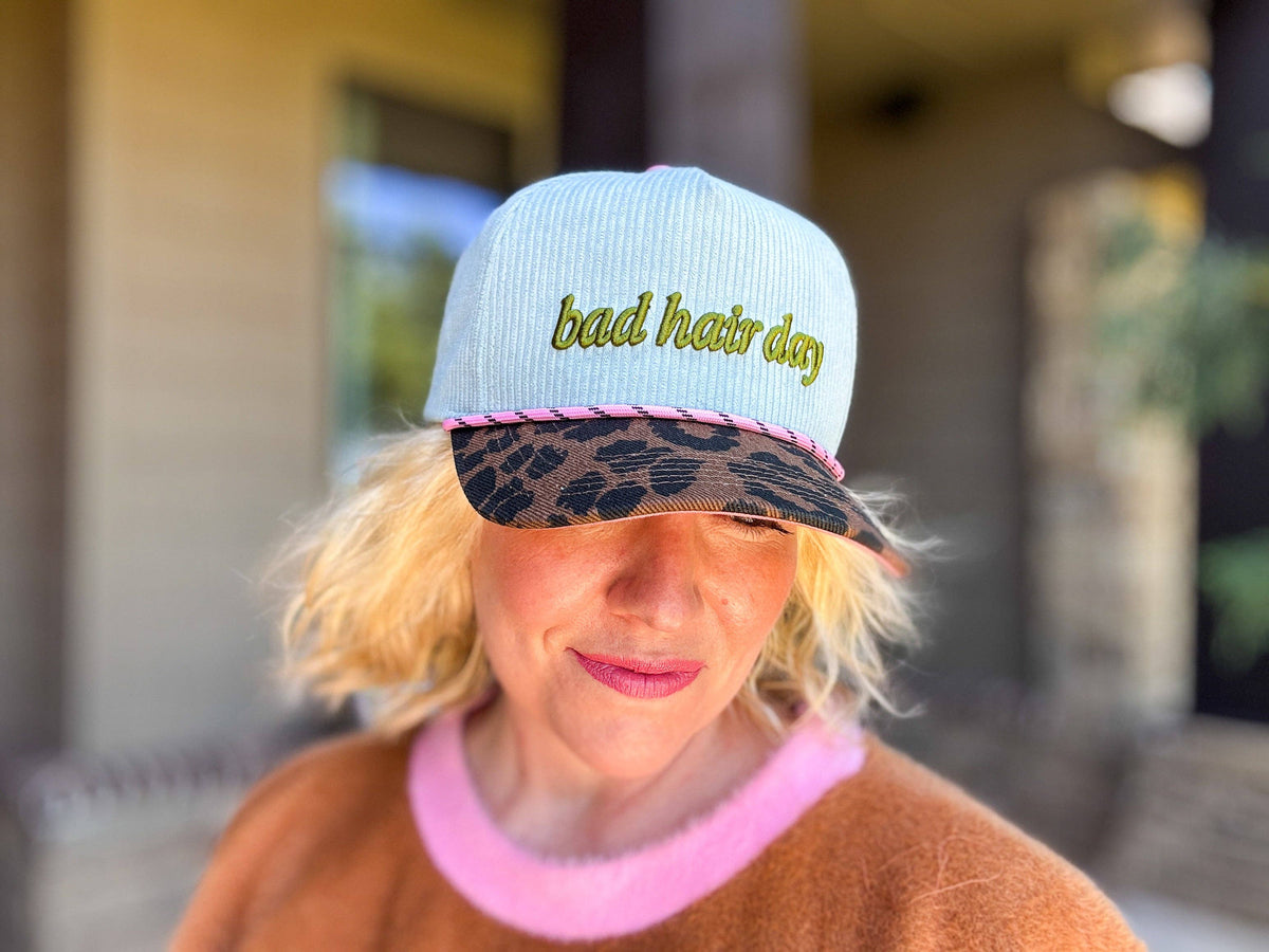 Embroidered Baseball Cap - "Bad Hair Day" - Light Blue