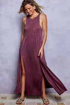 Sleeveless Racerback Back Zipper Front Slit Knit Maxi Dress: ROMANTIC TAUPE / M