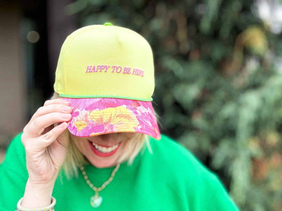 Embroidered Baseball Cap - "Happy to Be Here" - Neon Yellow