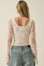 Floral and Ribbed Pointelle-Knit Lace Bubble-Sleeve Bodysuit