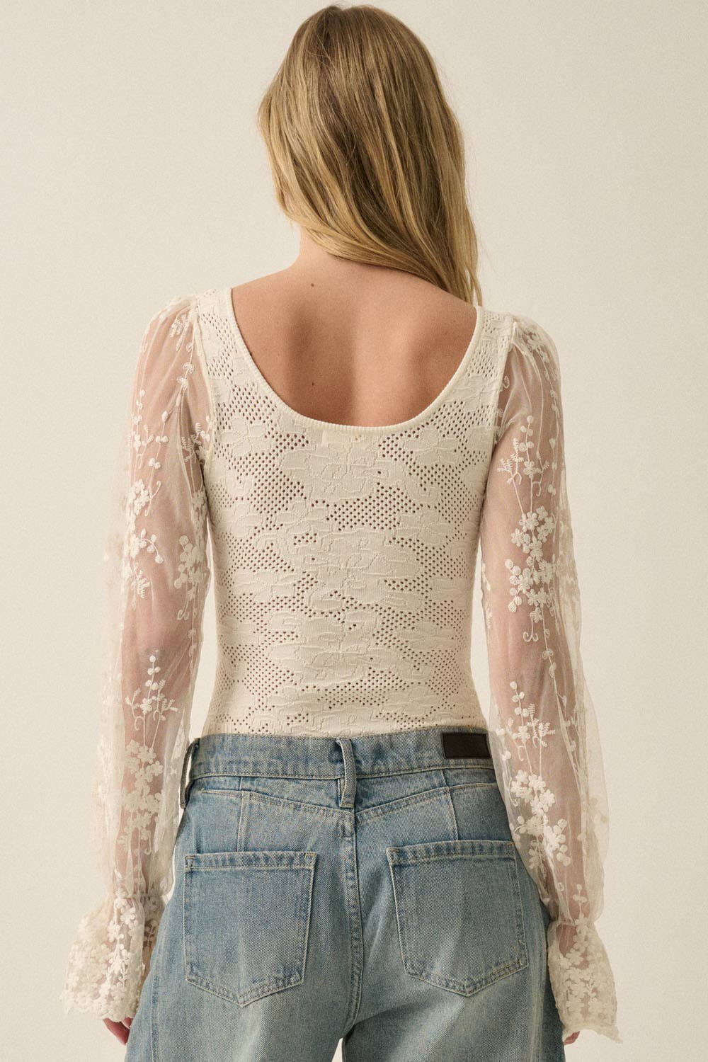 Floral and Ribbed Pointelle-Knit Lace Bubble-Sleeve Bodysuit
