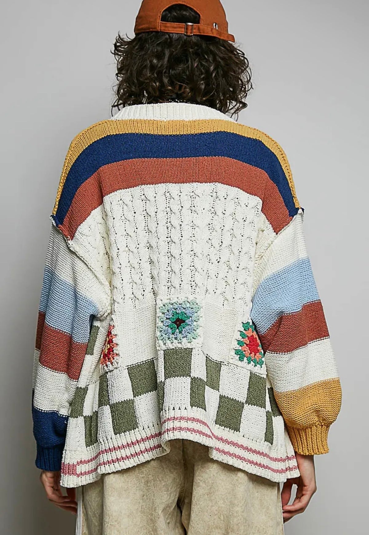 POL Handmade Patchwork Striped Chenille Sweater Open Cardigan: CREAM MULTI
