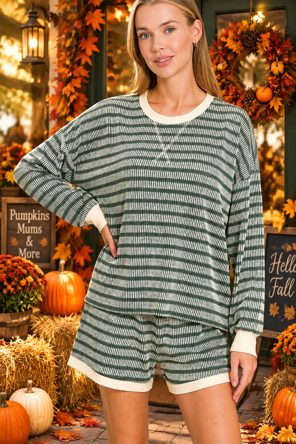 Raised Ribbed Striped Pullover & Shorts set