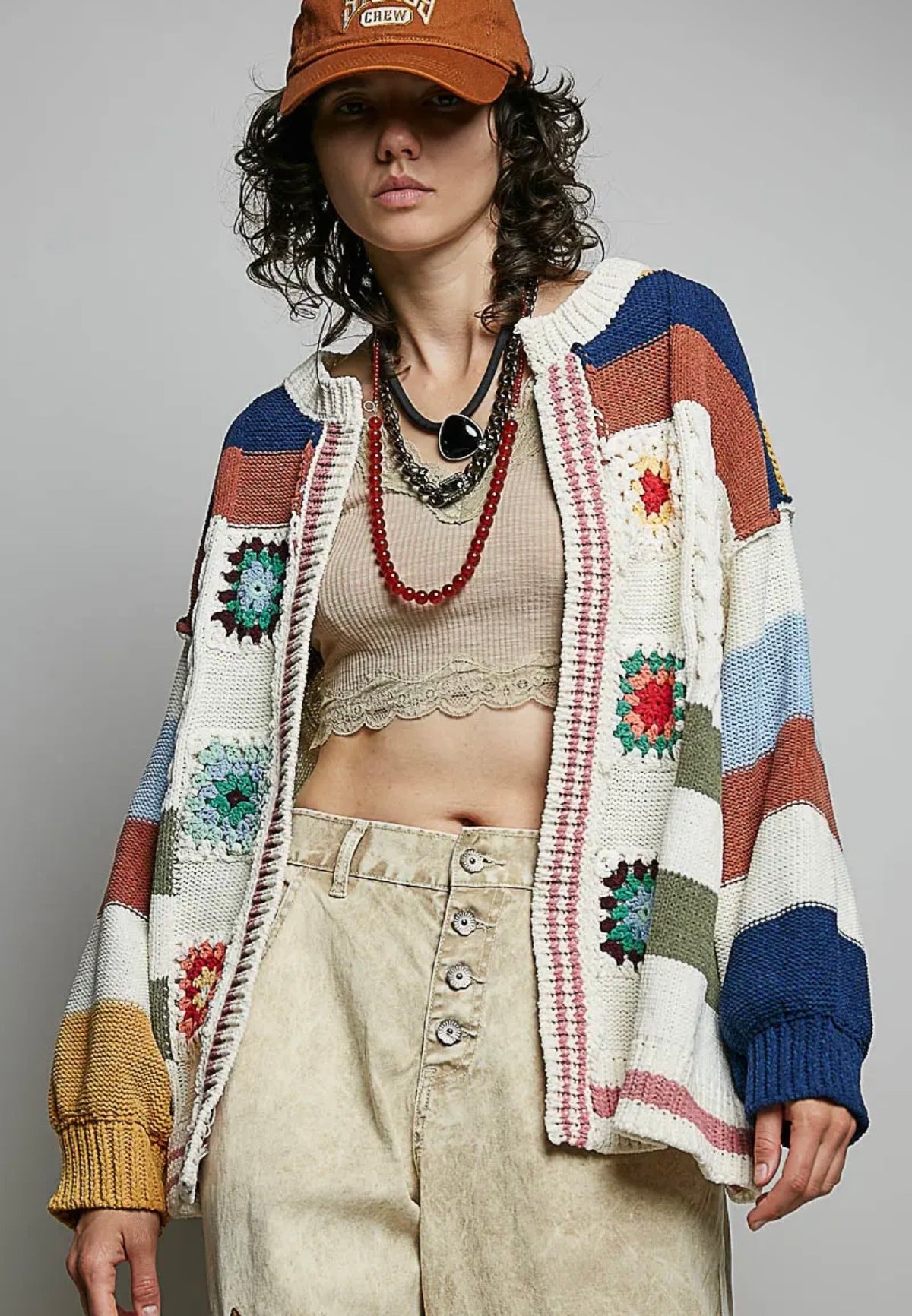 POL Handmade Patchwork Striped Chenille Sweater Open Cardigan: CREAM MULTI