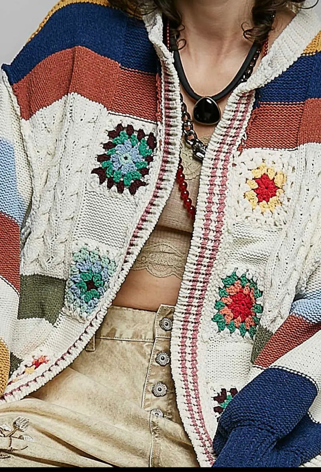POL Handmade Patchwork Striped Chenille Sweater Open Cardigan: CREAM MULTI