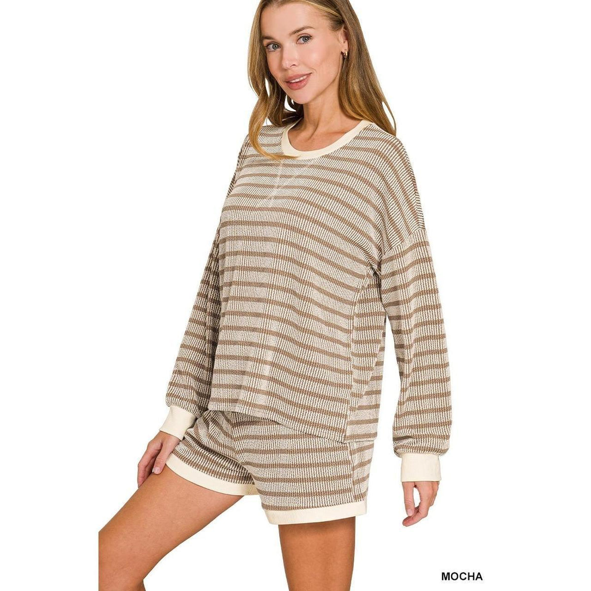 Raised Ribbed Striped Pullover & Shorts set