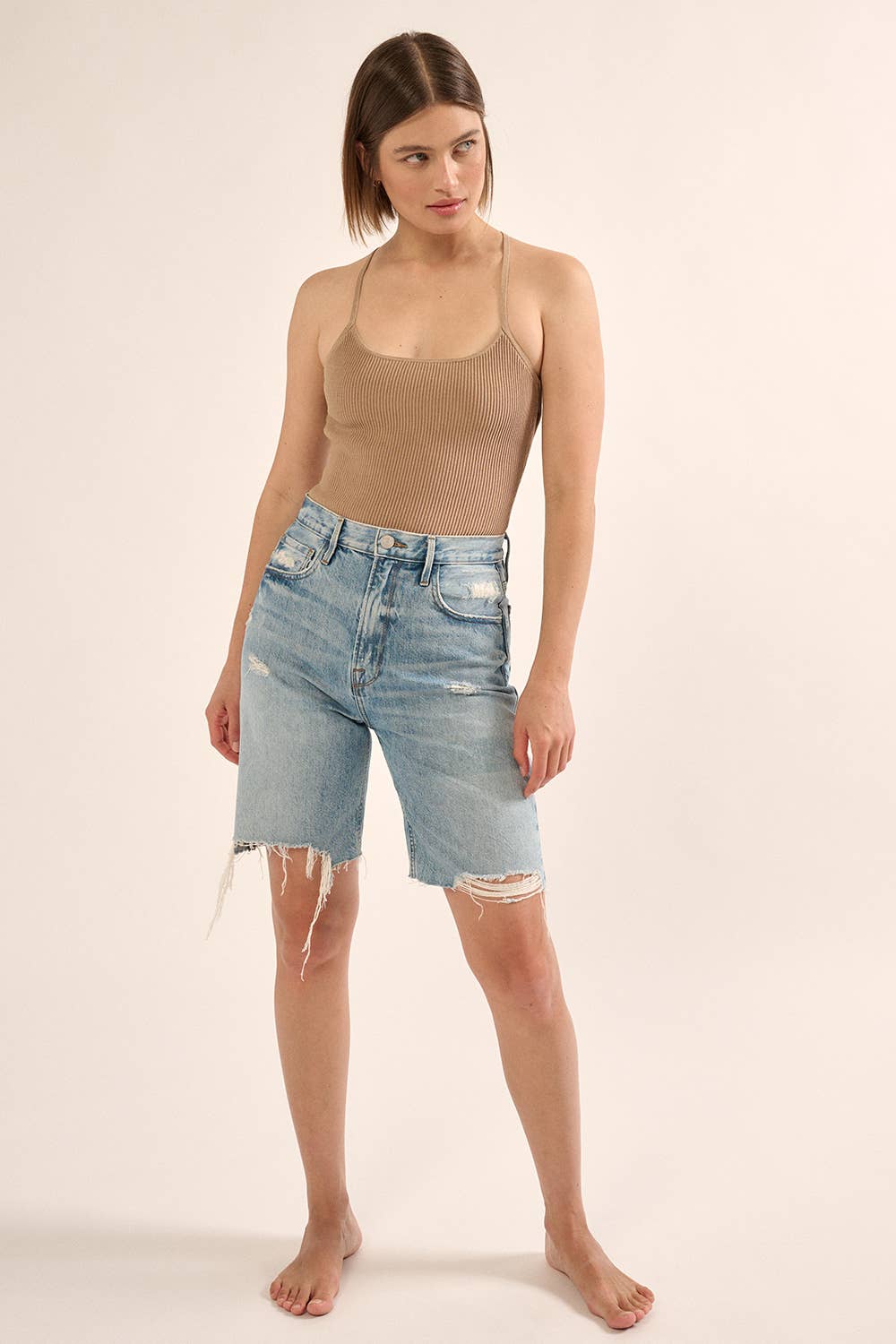 Shaper Fit Halter Rib Knit Open Back Bodysuit: TAUPE / M