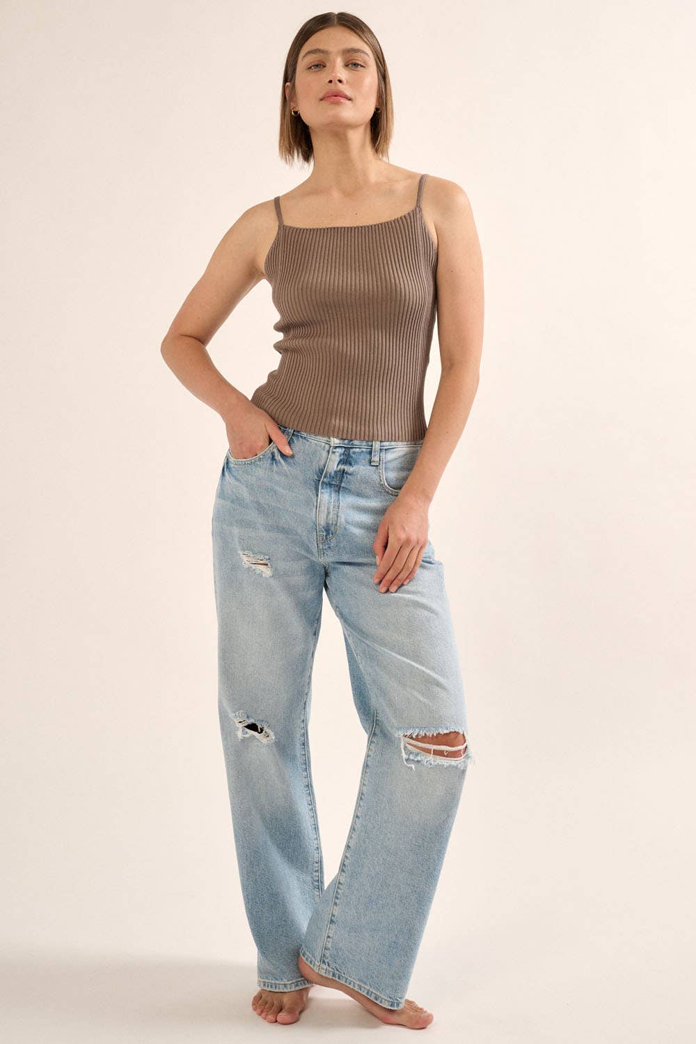 Shaper Fit Straight Rib Knit Open Back Cami Top: OFF WHITE / L