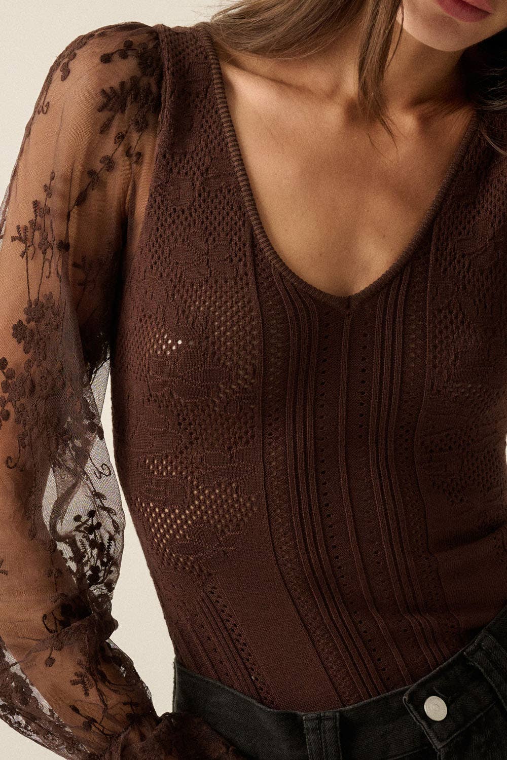 Floral and Ribbed Pointelle-Knit Lace Bubble-Sleeve Bodysuit: Deep Brown / M