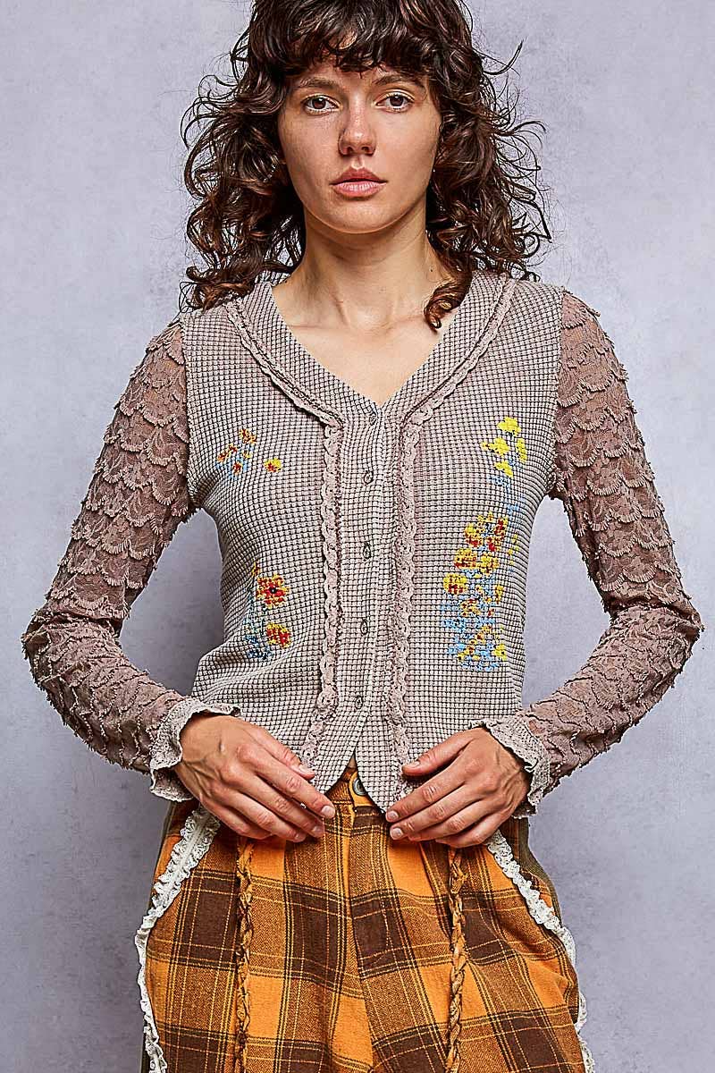 POL Vintage Wash Thermal Lace Sleeve V-Neck Button Slim Top: ROSE TAUPE