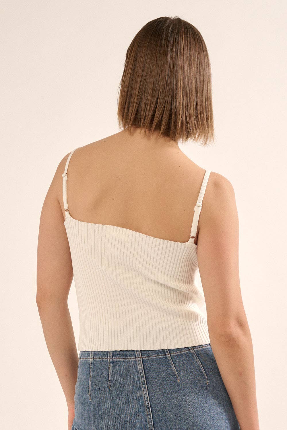 Shaper Fit Straight Rib Knit Open Back Cami Top: OFF WHITE / L