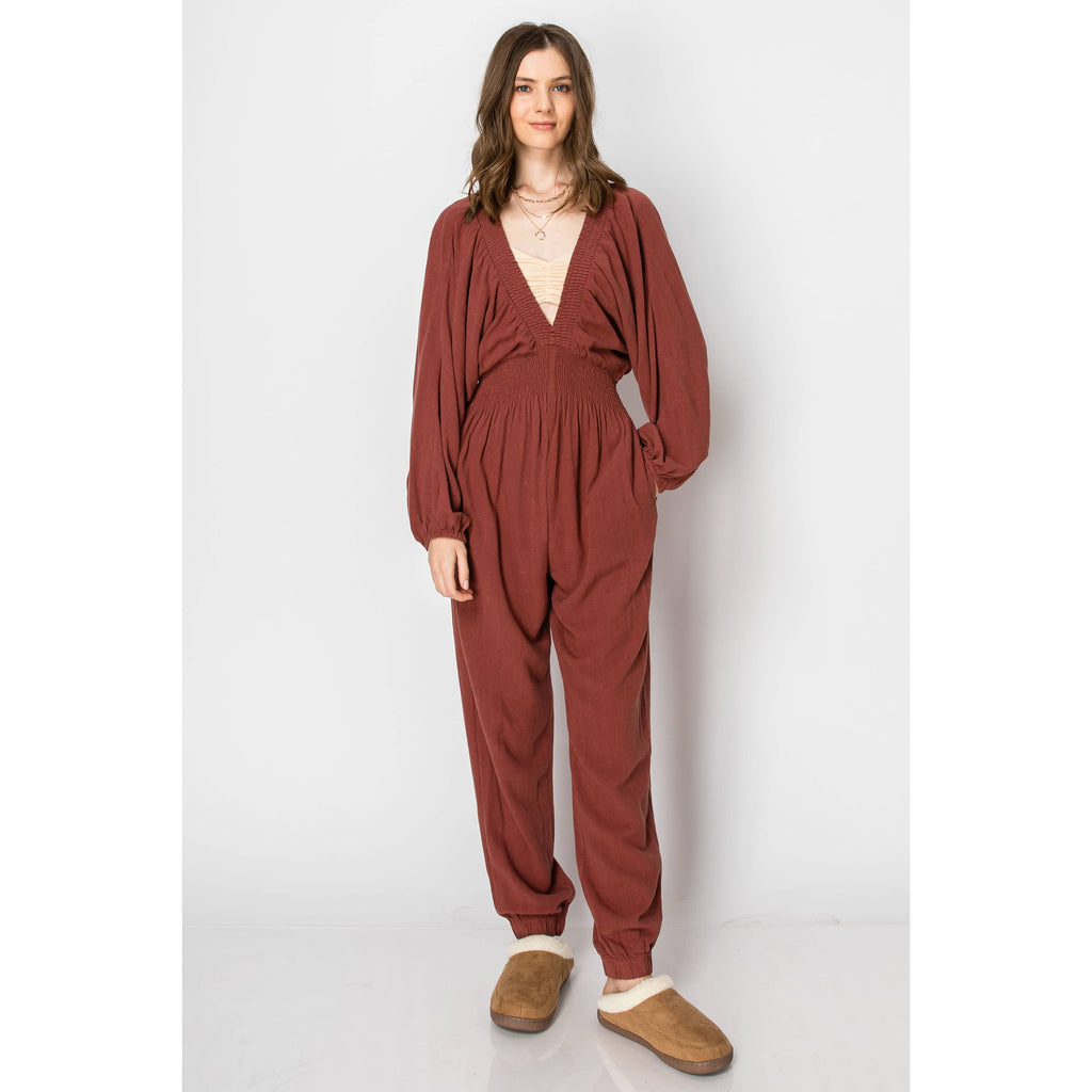 Dolman Sleeve Deep V-neck JUMPSUIT with Pockets: SLATE BLUE / XL
