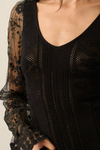 Floral and Ribbed Pointelle-Knit Lace Bubble-Sleeve Bodysuit: Deep Brown / M