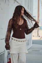 Floral and Ribbed Pointelle-Knit Lace Bubble-Sleeve Bodysuit: Deep Brown / M