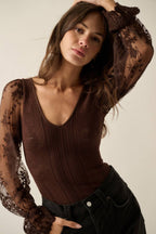 Floral and Ribbed Pointelle-Knit Lace Bubble-Sleeve Bodysuit