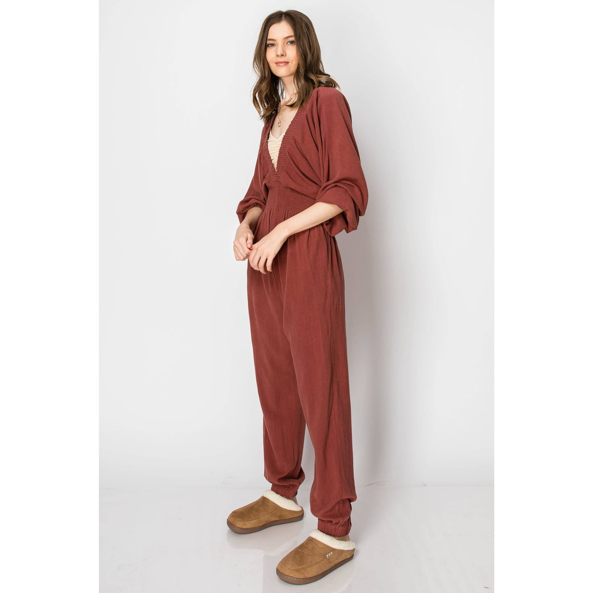 Dolman Sleeve Deep V-neck JUMPSUIT with Pockets: SLATE BLUE / XL