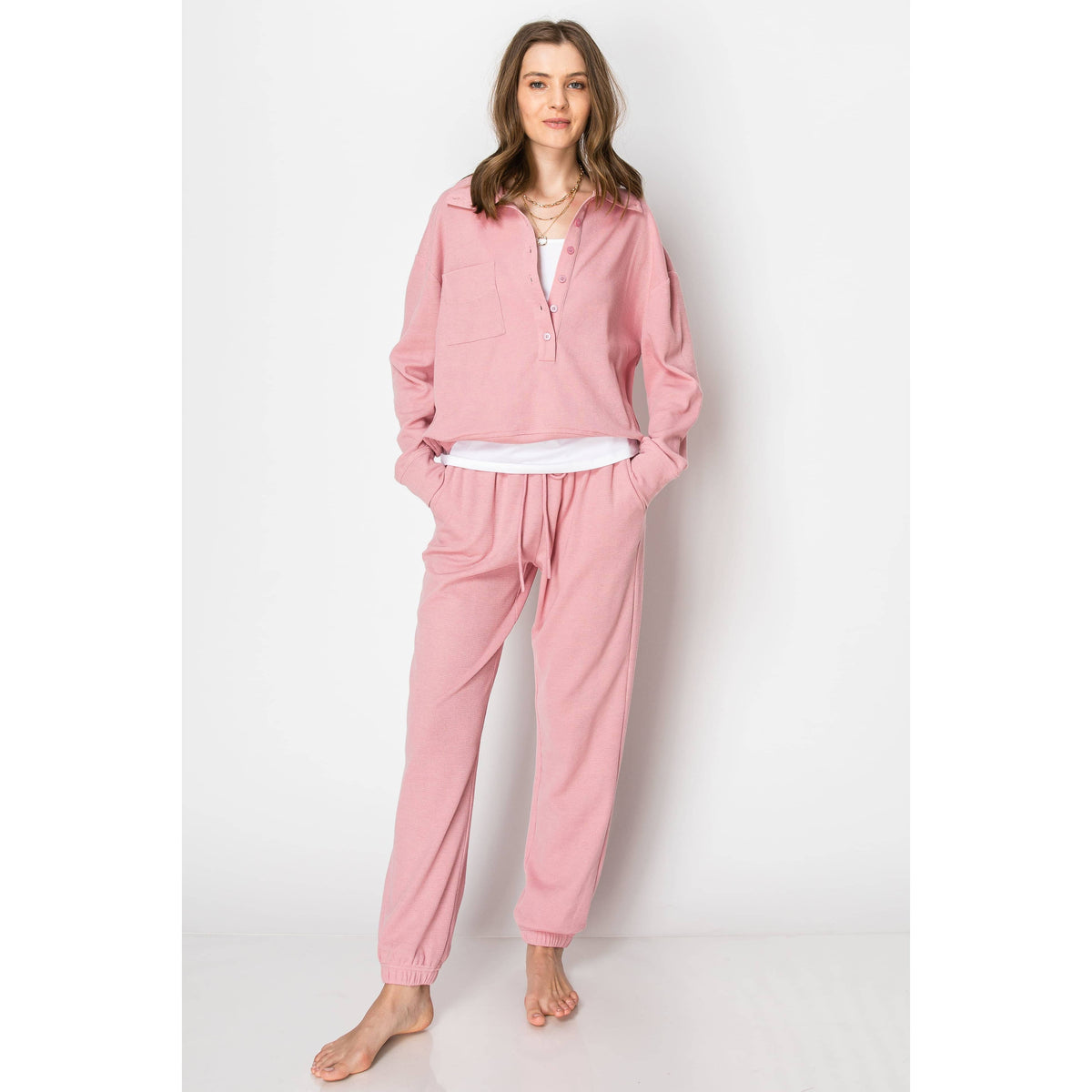 Waffle Knit Button Down Jogger Pants Lounge Set