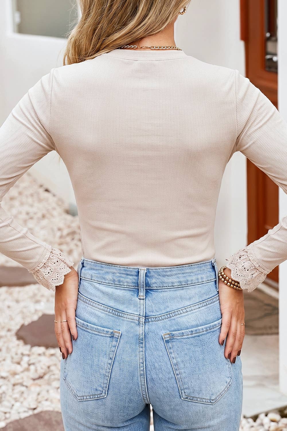 Eyelet Lace Cuff Round Neck Long Sleeve Solid Sheath Blouse: Jet Stream