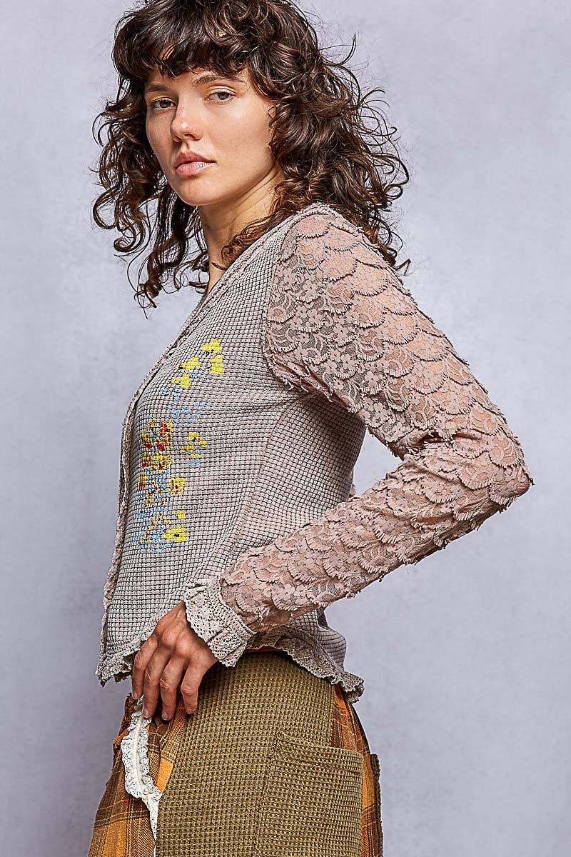POL Vintage Wash Thermal Lace Sleeve V-Neck Button Slim Top: ROSE TAUPE