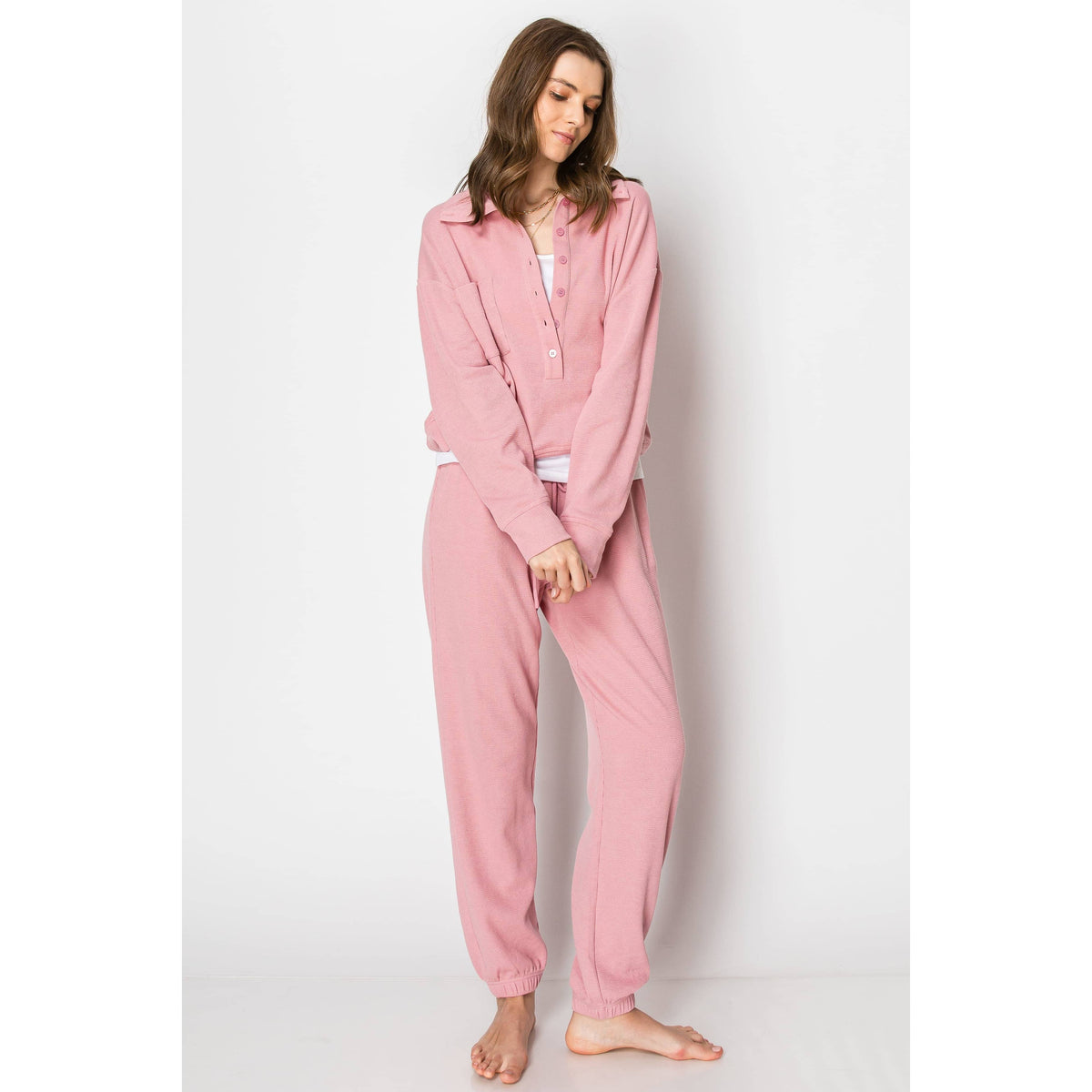 Waffle Knit Button Down Jogger Pants Lounge Set
