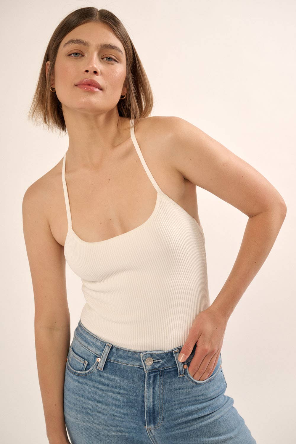 Shaper Fit Halter Rib Knit Open Back Bodysuit: TAUPE / M