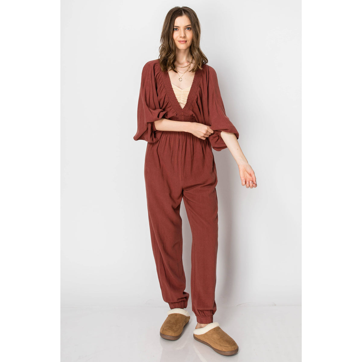 Dolman Sleeve Deep V-neck JUMPSUIT with Pockets: SLATE BLUE / XL
