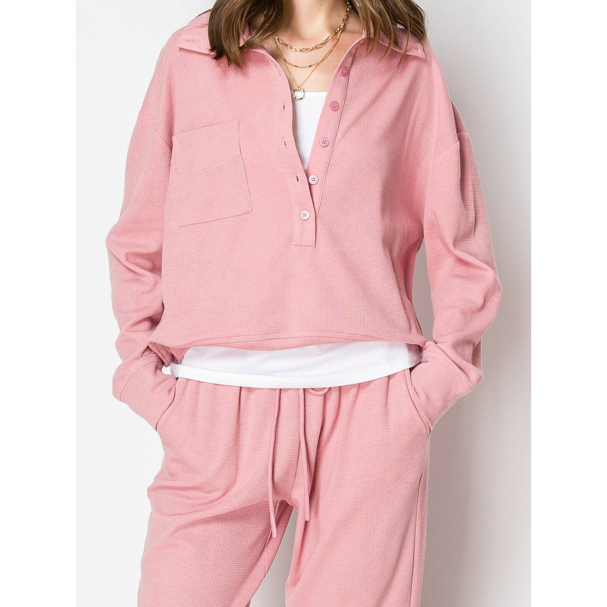 Waffle Knit Button Down Jogger Pants Lounge Set