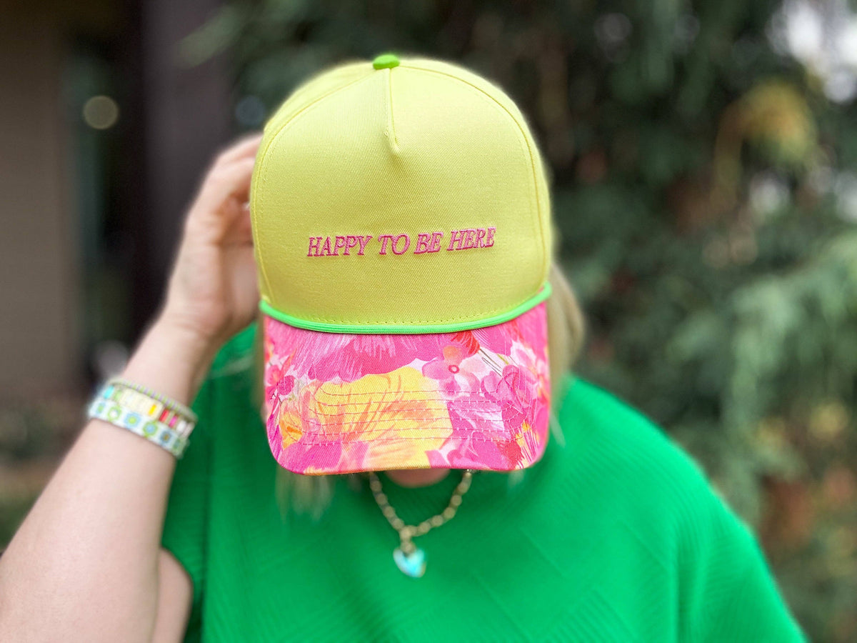 Embroidered Baseball Cap - "Happy to Be Here" - Neon Yellow