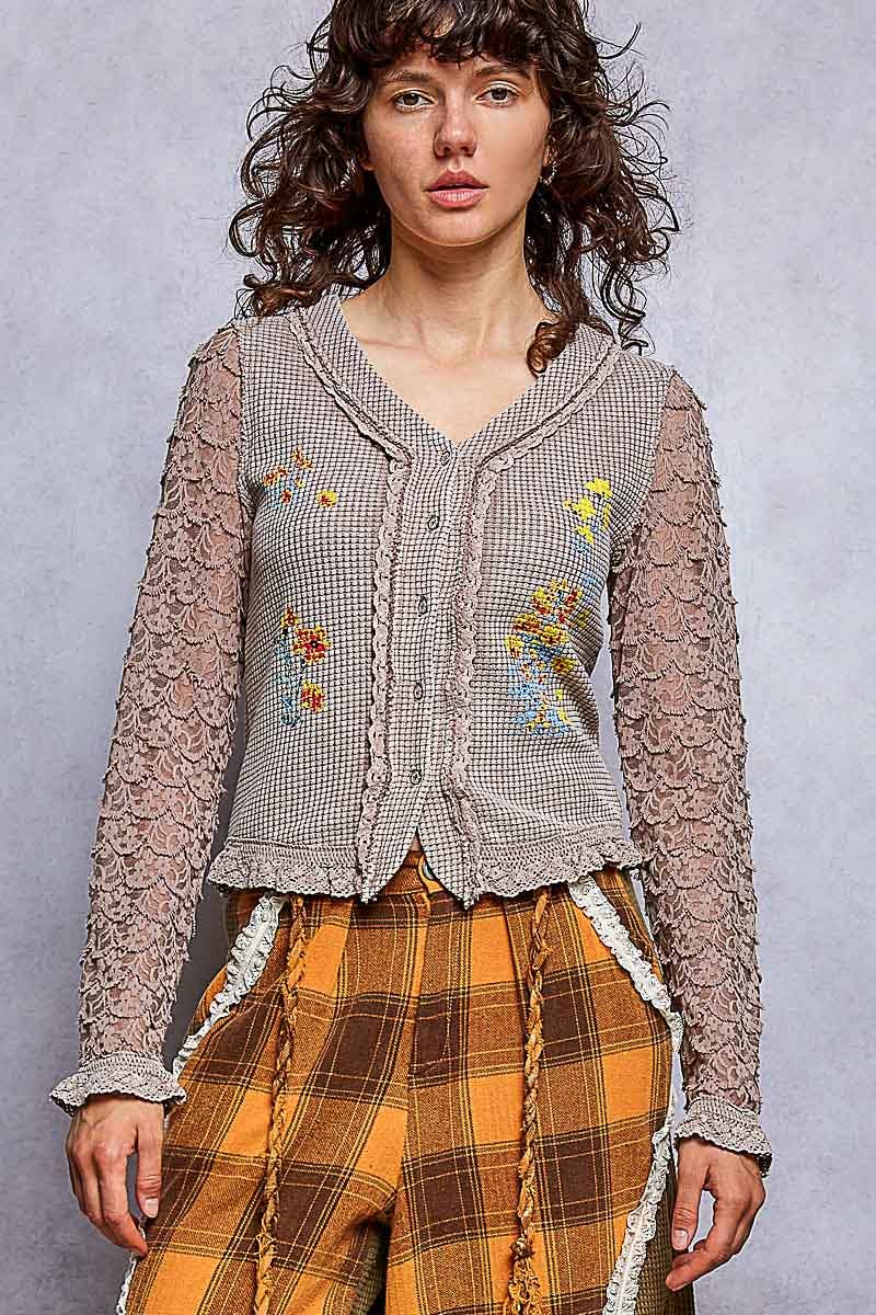 POL Vintage Wash Thermal Lace Sleeve V-Neck Button Slim Top: ROSE TAUPE