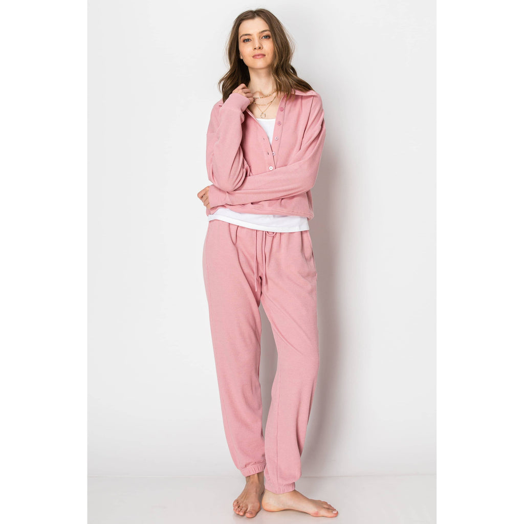 Waffle Knit Button Down Jogger Pants Lounge Set