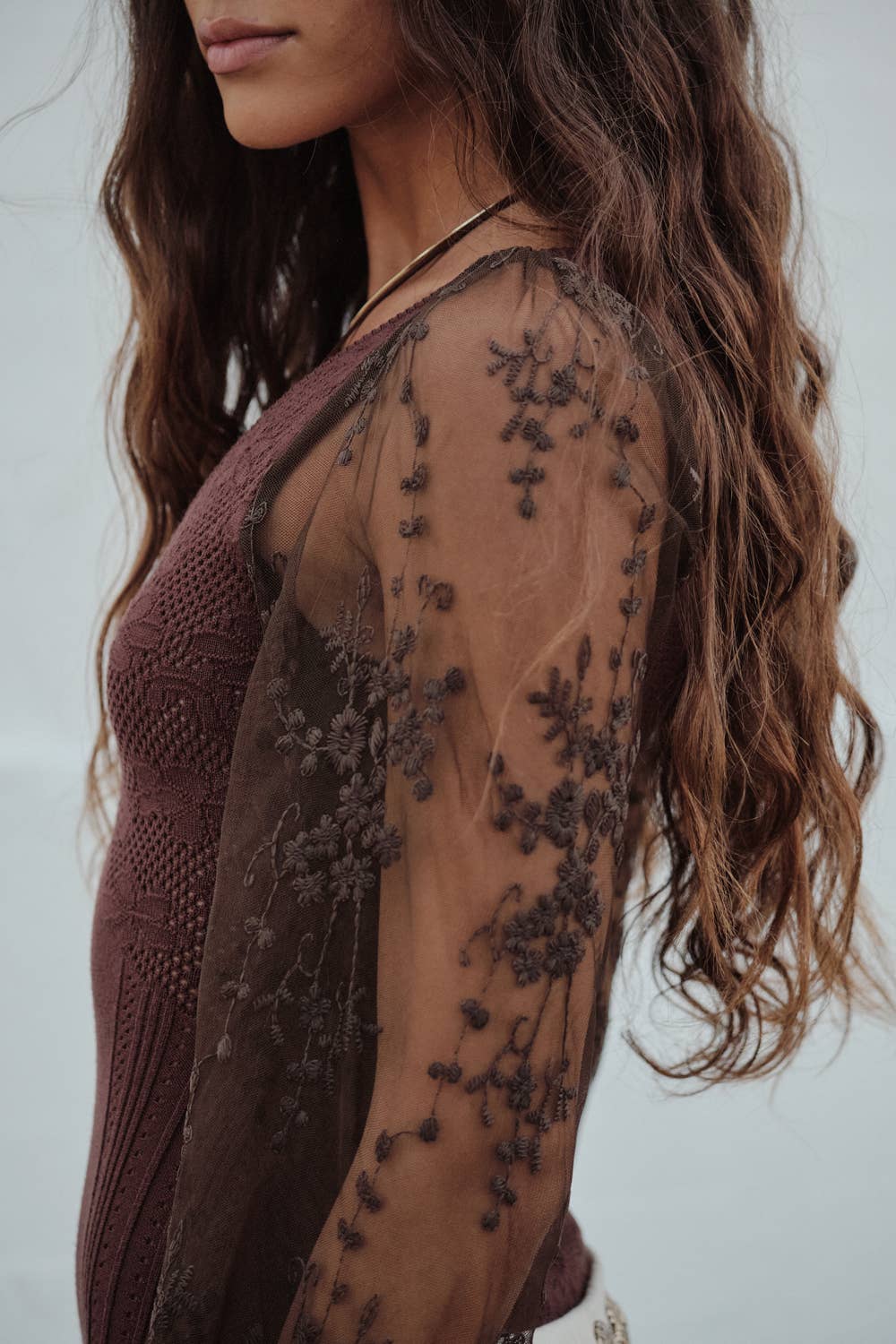 Floral and Ribbed Pointelle-Knit Lace Bubble-Sleeve Bodysuit: Deep Brown / M