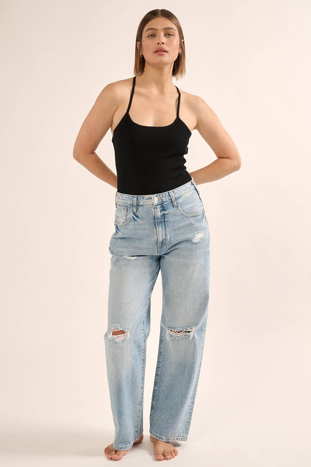 Shaper Fit Halter Rib Knit Open Back Bodysuit: TAUPE / M