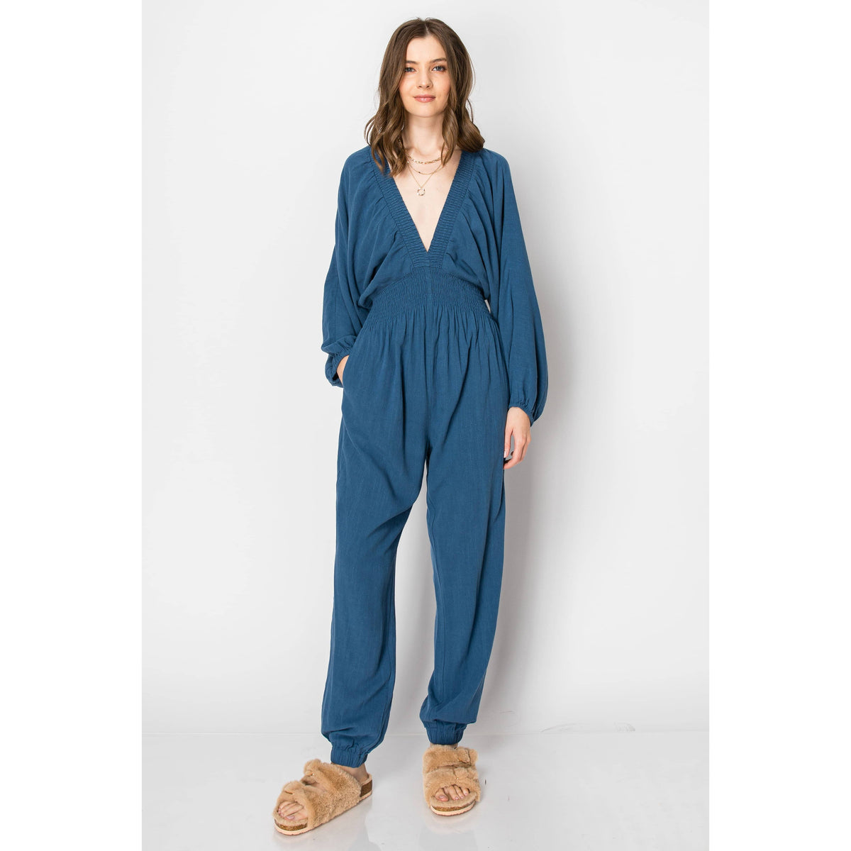 Dolman Sleeve Deep V-neck JUMPSUIT with Pockets: SLATE BLUE / XL